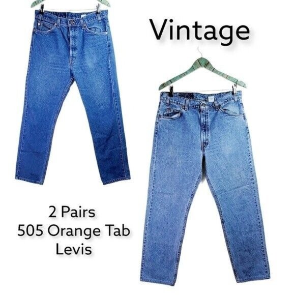 Vtg 2 Pair Lot Levi 505 90s ORANGE Tab Jeans Sz 35/30 USA MUST SEE!